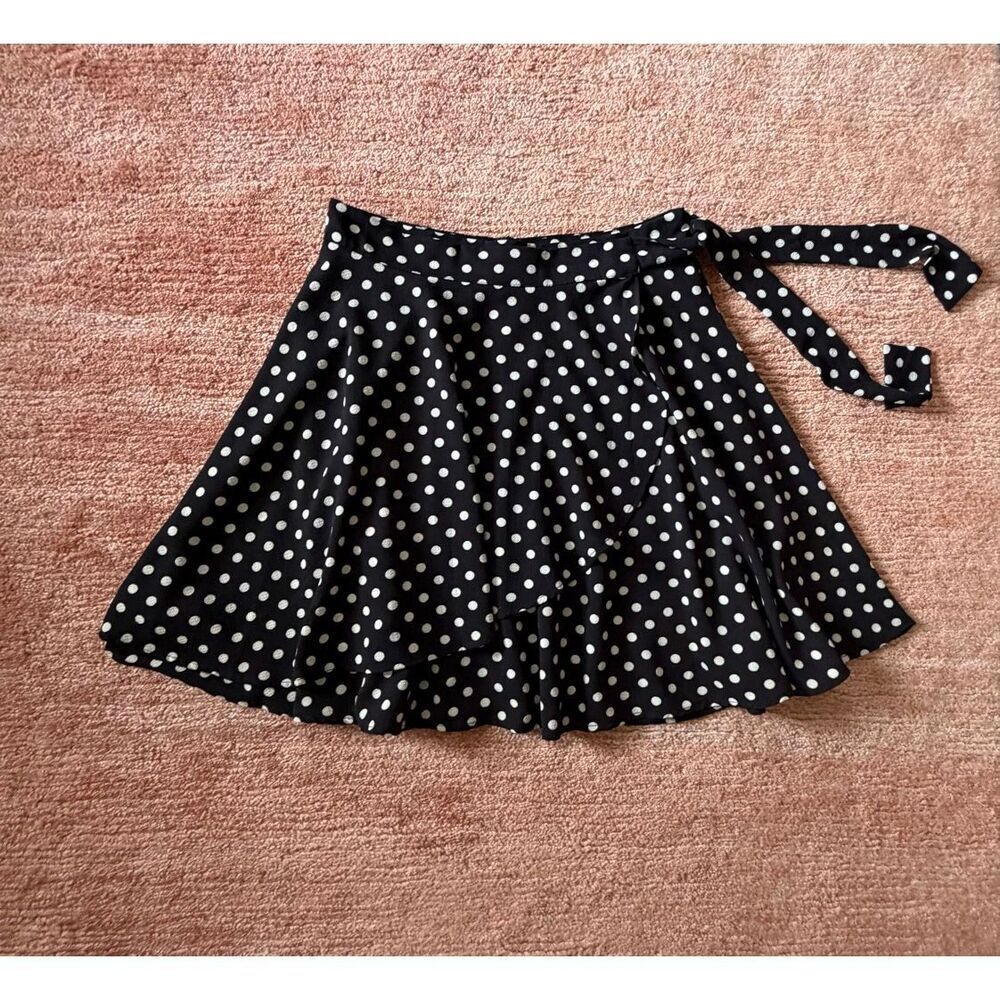 Blue Par Polka Dot Wrap Skater Skirt Black White Retro Pinup M